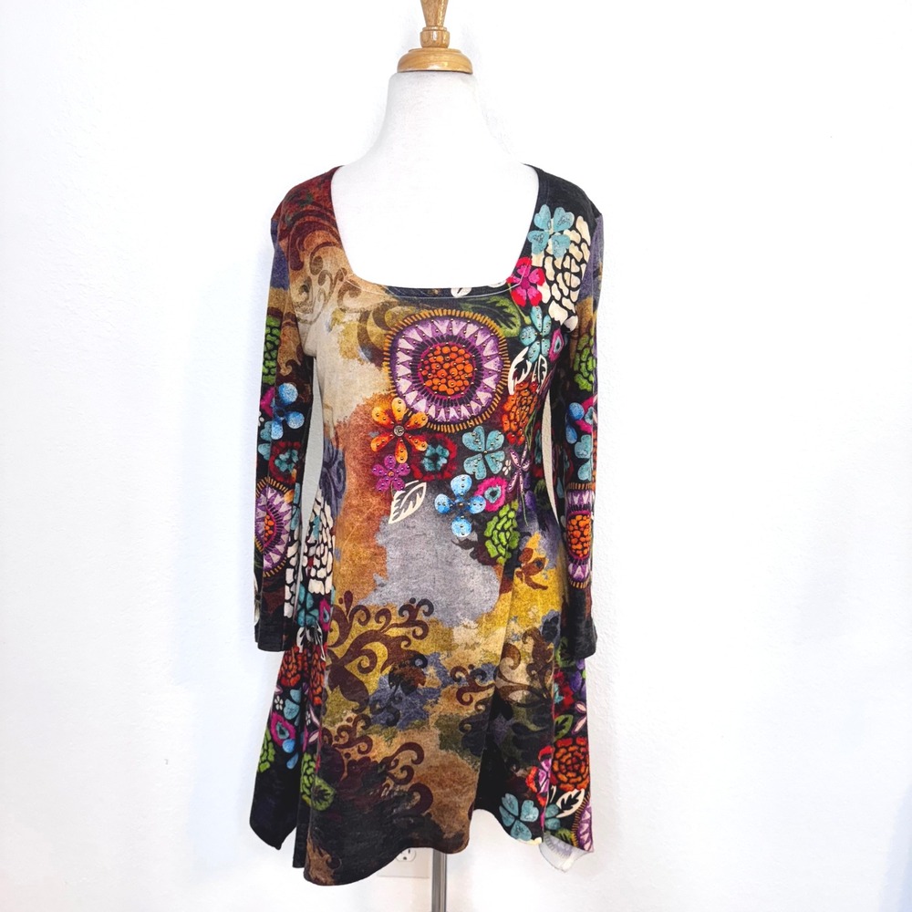 Amma‎ Design Womens Floral Print Long Sleeve Dress Size S Colorful Made in USA